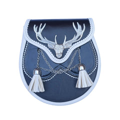 Scottish Deer Head Sporran | Black & White Leather Kilt Sporran | 2 Tassels | Chain Belt
