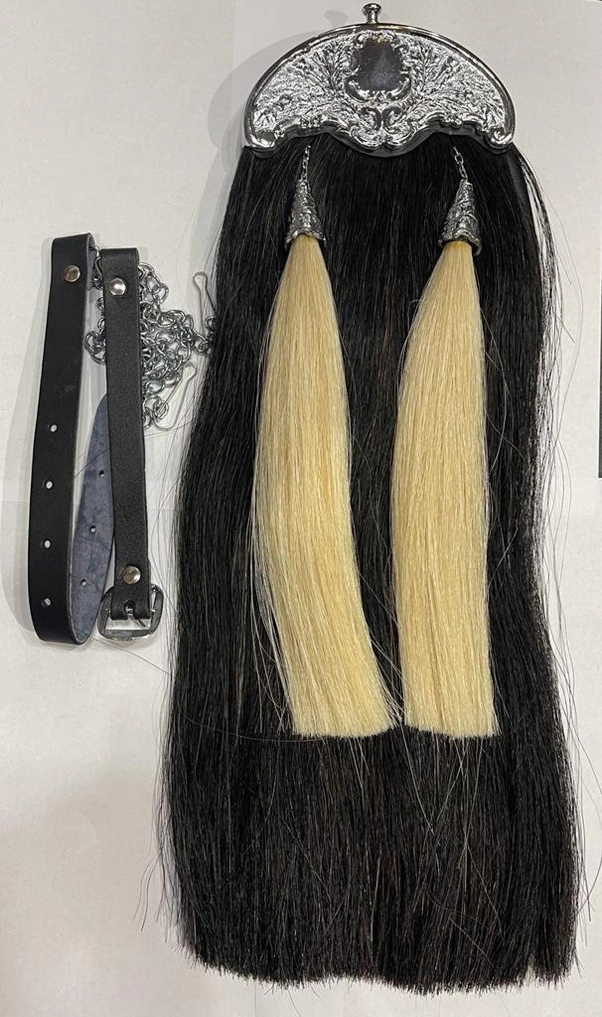 Scottish Full Dress Black Horse Hair Sporran | Silver Chrome Thistle Cantle | 2 Tassels | Bagpipe Kilt Sporran | Chain Belt