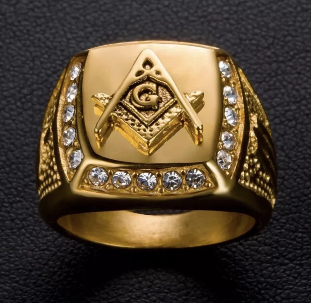 Masonic Square & Compass Gold Plated G Symbol Ring Freemason Men’s Gold Tone Rhinestone Signet Ring