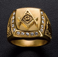 Masonic Square & Compass Gold Plated G Symbol Ring Freemason Men’s Gold Tone Rhinestone Signet Ring