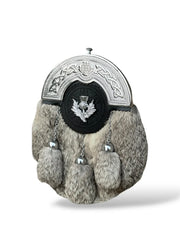 Grey Fur Dress Sporran Thistle Badge 3 Tassel Sporran With Chain Belt