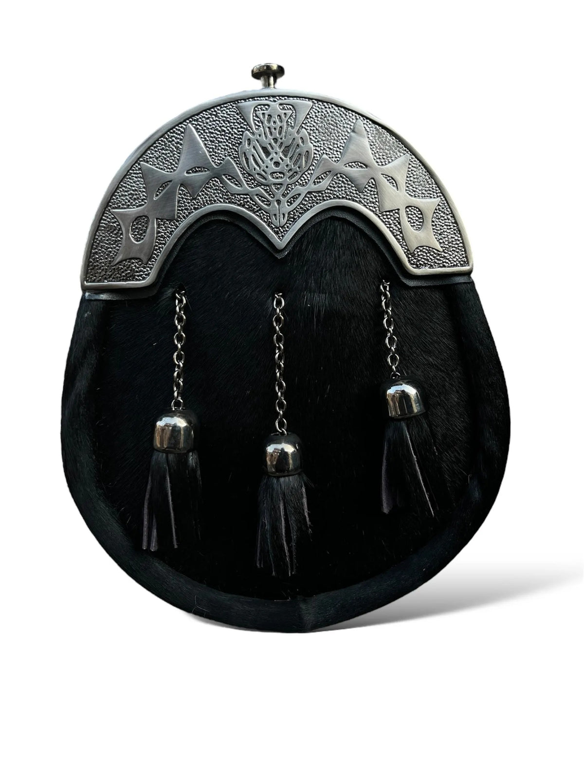 Men's Scottish Black Horse Hair Kilt Sporran with Antique Thistle Cantle, 3 Tassels & Chain Belt