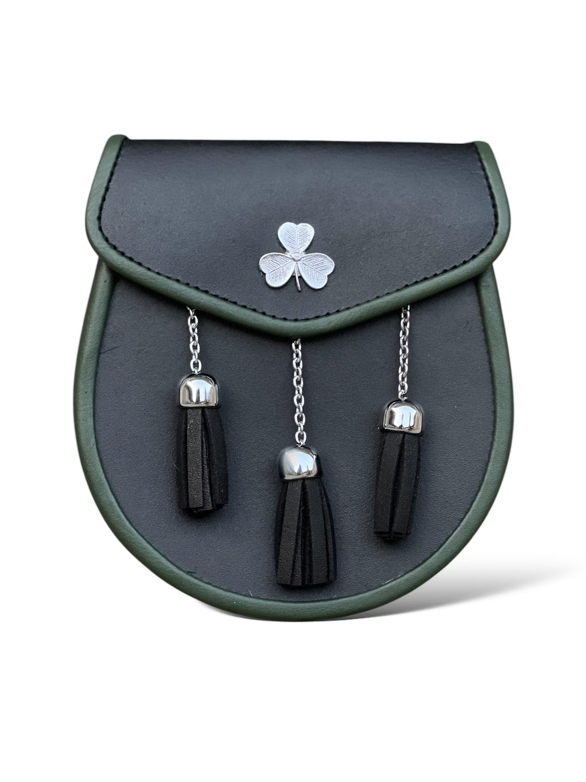 Men's Scottish Shamrock Kilt Sporran | Black Leather Sporran | 3 Tassels | Celtic Shamrock Badge | Chain Strap