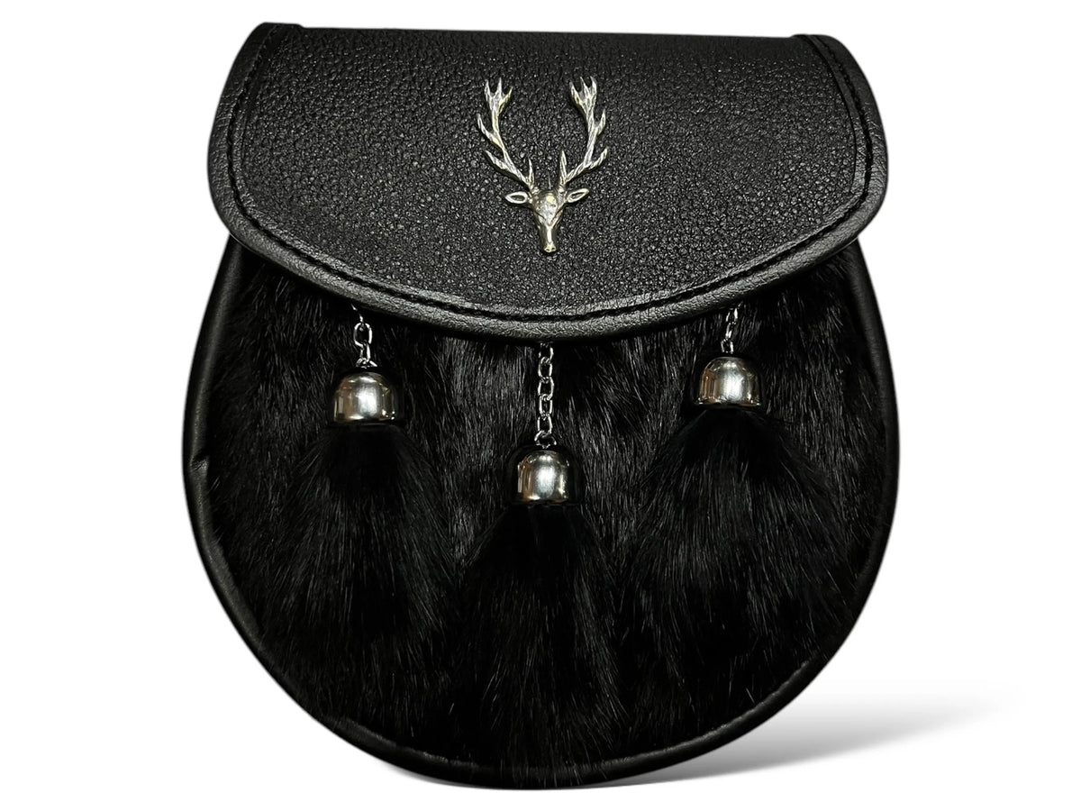 Men's Scottish Black Kilt Sporran with Stag Head Badge, 3 Tassels & Chain Strap