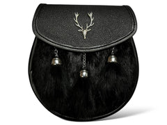 Men's Scottish Black Kilt Sporran with Stag Head Badge, 3 Tassels & Chain Strap