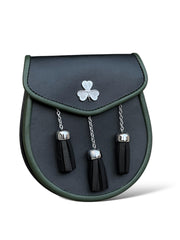 Men's Scottish Shamrock Kilt Sporran | Black Leather Sporran | 3 Tassels | Celtic Shamrock Badge | Chain Strap