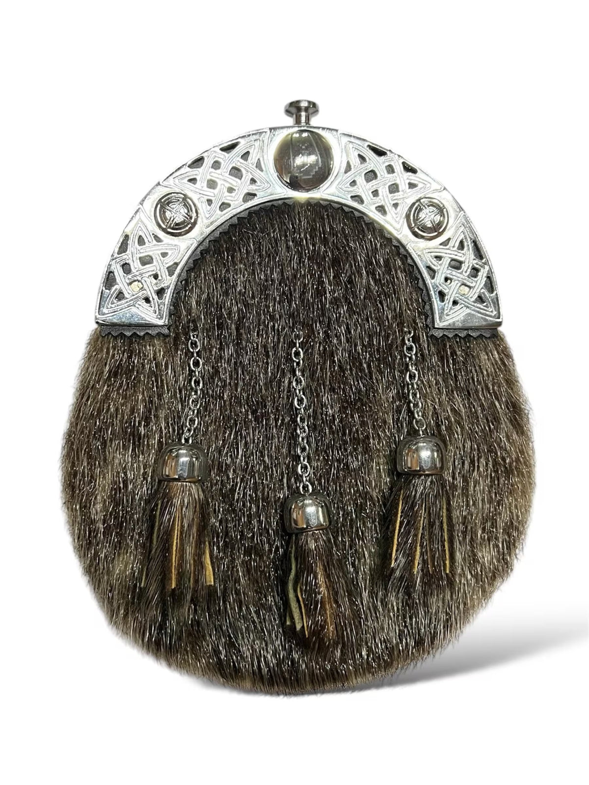 Men’s Scottish Brown Fur Kilt Sporran with Celtic Cantle, 3 Tassels & Chain Belt | Highland Dress Accessory