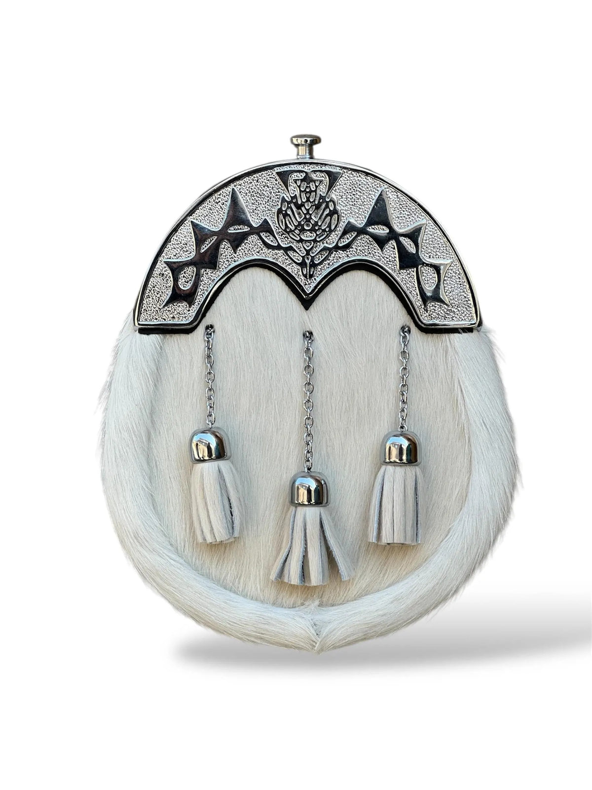 Men's Scottish White Sporran With Chrome Plate | 3 Tassel Highland Kilt Sporran With Chain Belt