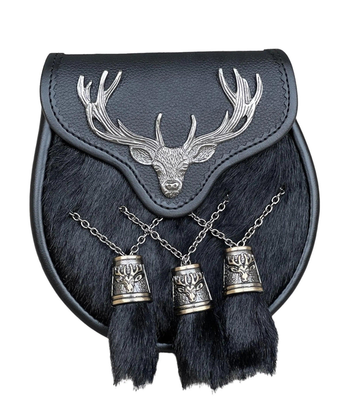 Men's Scottish Black Leather Kilt Sporran Deer Stag Design With Belt Chain