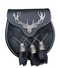 Men's Scottish Black Leather Kilt Sporran Deer Stag Design With Belt Chain