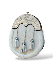 Men's Scottish White Sporran With Chrome Plate | 3 Tassel Highland Kilt Sporran With Chain Belt