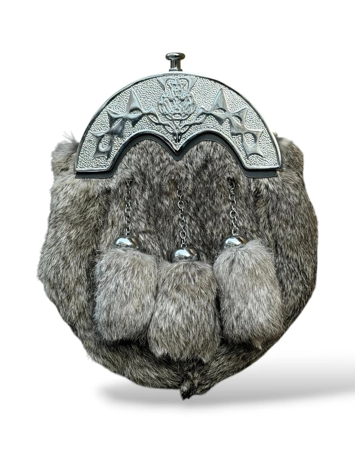 Men’s Scottish Grey Fur Sporran | Thistle Plate 3 Tassel Kilt Sporran with Chrome Finish & Chain Belt