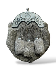 Men’s Scottish Grey Fur Sporran | Thistle Plate 3 Tassel Kilt Sporran with Chrome Finish & Chain Belt