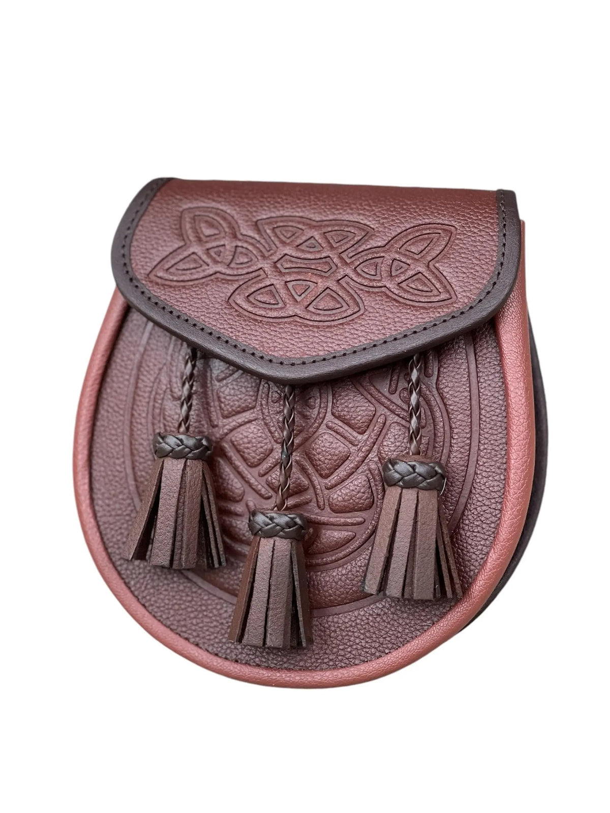 Men’s Scottish Brown Leather Kilt Sporran | Embossed Celtic Design 3 Tassel Sporran with Chain Strap