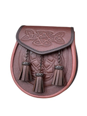 Men’s Scottish Brown Leather Kilt Sporran | Embossed Celtic Design 3 Tassel Sporran with Chain Strap