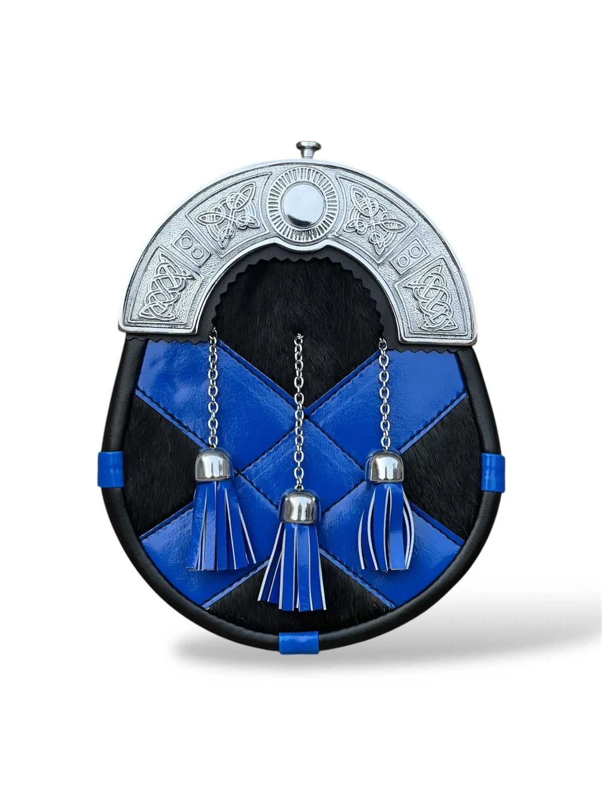 Men's Scottish Black & Blue Leather Sporran | 3 Blue Tassels | Chrome Cantle | Kilt Sporran With Chain Strap