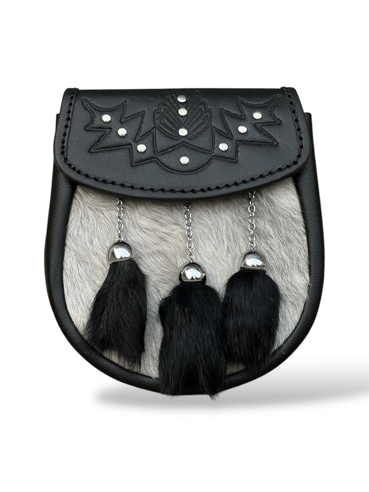 Men's Scottish Black Leather Sporran | Embossed Thistle Design | 3 Black Tassels | Kilt Sporran With Chain Strap