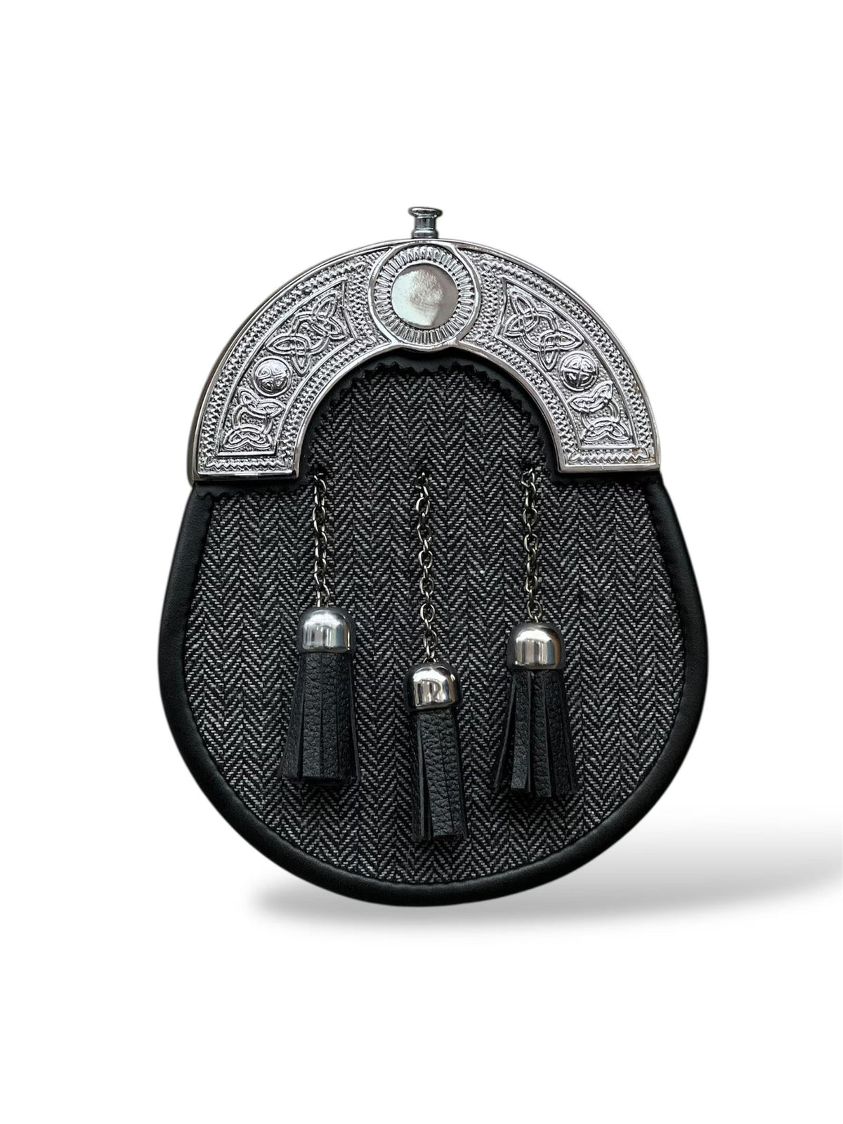 Men's Black & Grey Tweed Sporran | 3 Black Tassels | Chrome Cantle | Kilt Sporran With Chain Strap