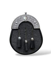 Men's Black & Grey Tweed Sporran | 3 Black Tassels | Chrome Cantle | Kilt Sporran With Chain Strap