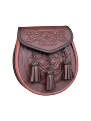 Men’s Scottish Brown Leather Kilt Sporran | Embossed Celtic Design 3 Tassel Sporran with Chain Strap