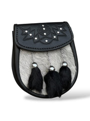 Men's Scottish Black Leather Sporran | Embossed Thistle Design | 3 Black Tassels | Kilt Sporran With Chain Strap