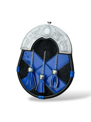 Men's Scottish Black & Blue Leather Sporran | 3 Blue Tassels | Chrome Cantle | Kilt Sporran With Chain Strap