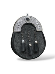 Men's Black & Grey Tweed Sporran | 3 Black Tassels | Chrome Cantle | Kilt Sporran With Chain Strap