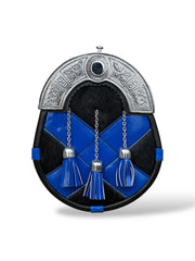 Men's Scottish Black & Blue Leather Sporran | 3 Blue Tassels | Chrome Cantle | Kilt Sporran With Chain Strap
