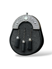 Men's Black & Grey Tweed Sporran | 3 Black Tassels | Chrome Cantle | Kilt Sporran With Chain Strap