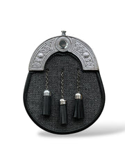 Men's Black & Grey Tweed Sporran | 3 Black Tassels | Chrome Cantle | Kilt Sporran With Chain Strap