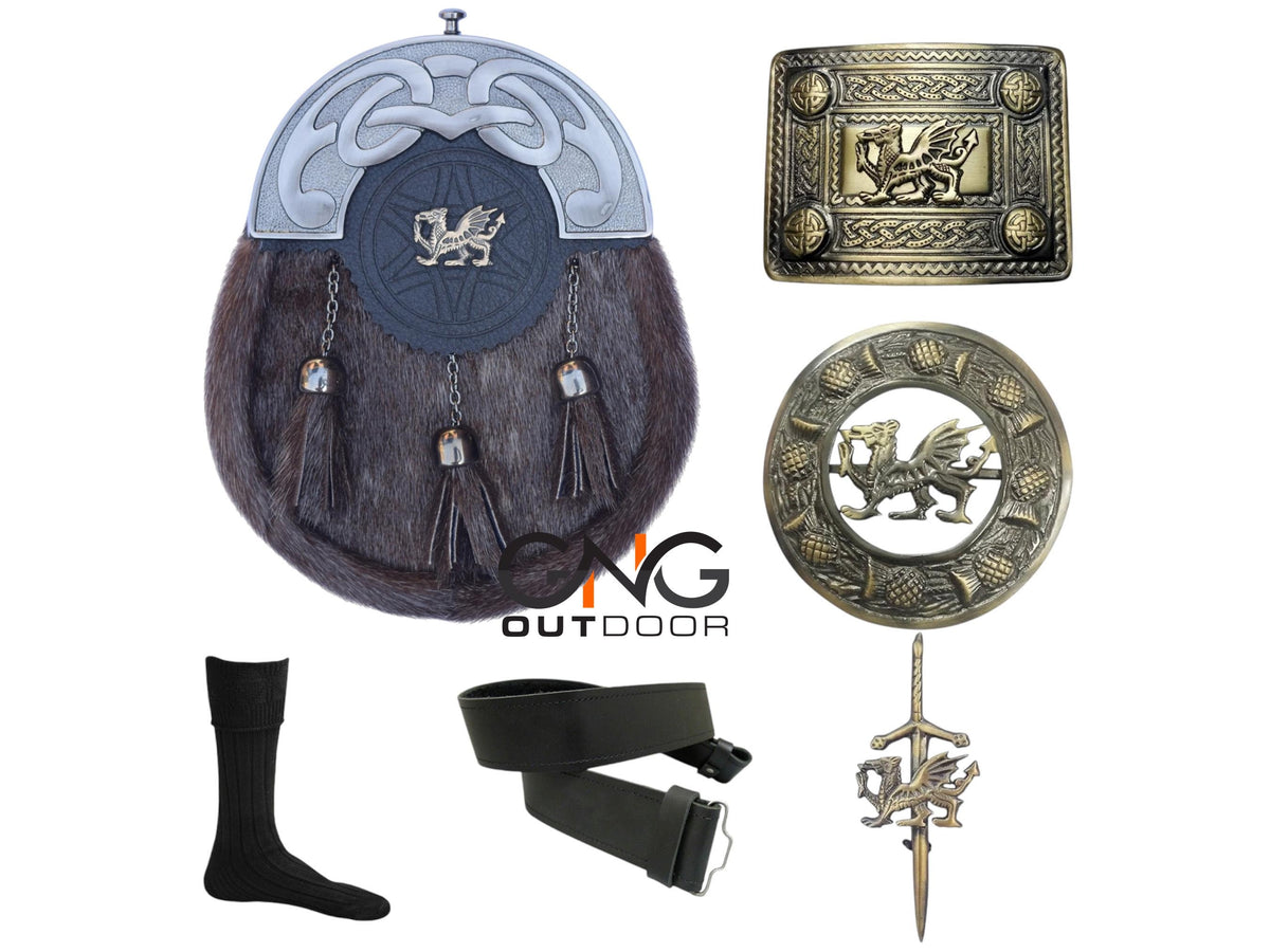 Men's Scottish Welsh Dragon Sporran Set | 6 Piece Kilt Set With Antique Sporran, Belt, Brooch, Buckle, Pin & Socks