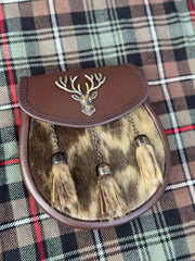 Men’s Brown Leather Kilt Sporran | Antique Stag Head 3 Tassel Scottish Sporran with Chain Belt