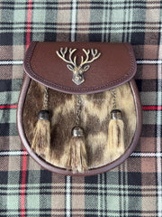 Men’s Brown Leather Kilt Sporran | Antique Stag Head 3 Tassel Scottish Sporran with Chain Belt