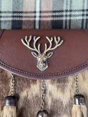 Men’s Brown Leather Kilt Sporran | Antique Stag Head 3 Tassel Scottish Sporran with Chain Belt