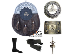 Men's Scottish Shamrock Sporran Set | 6 Piece Kilt Set With Antique Sporran, Belt, Brooch, Buckle, Pin & Socks