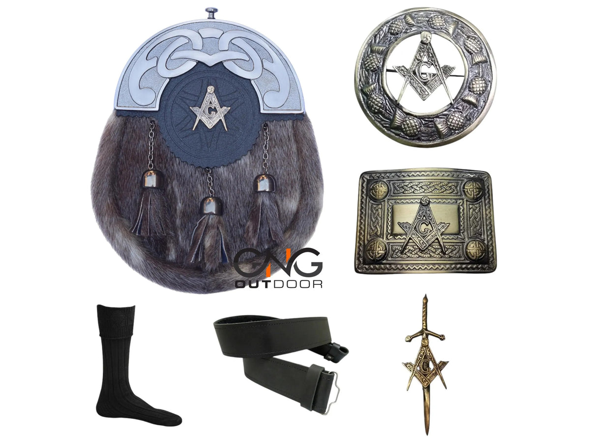 Men's Scottish Masonic Sporran Set | Antique Sporran | Brooch, Buckle, Pin, Belt, Socks & Chain