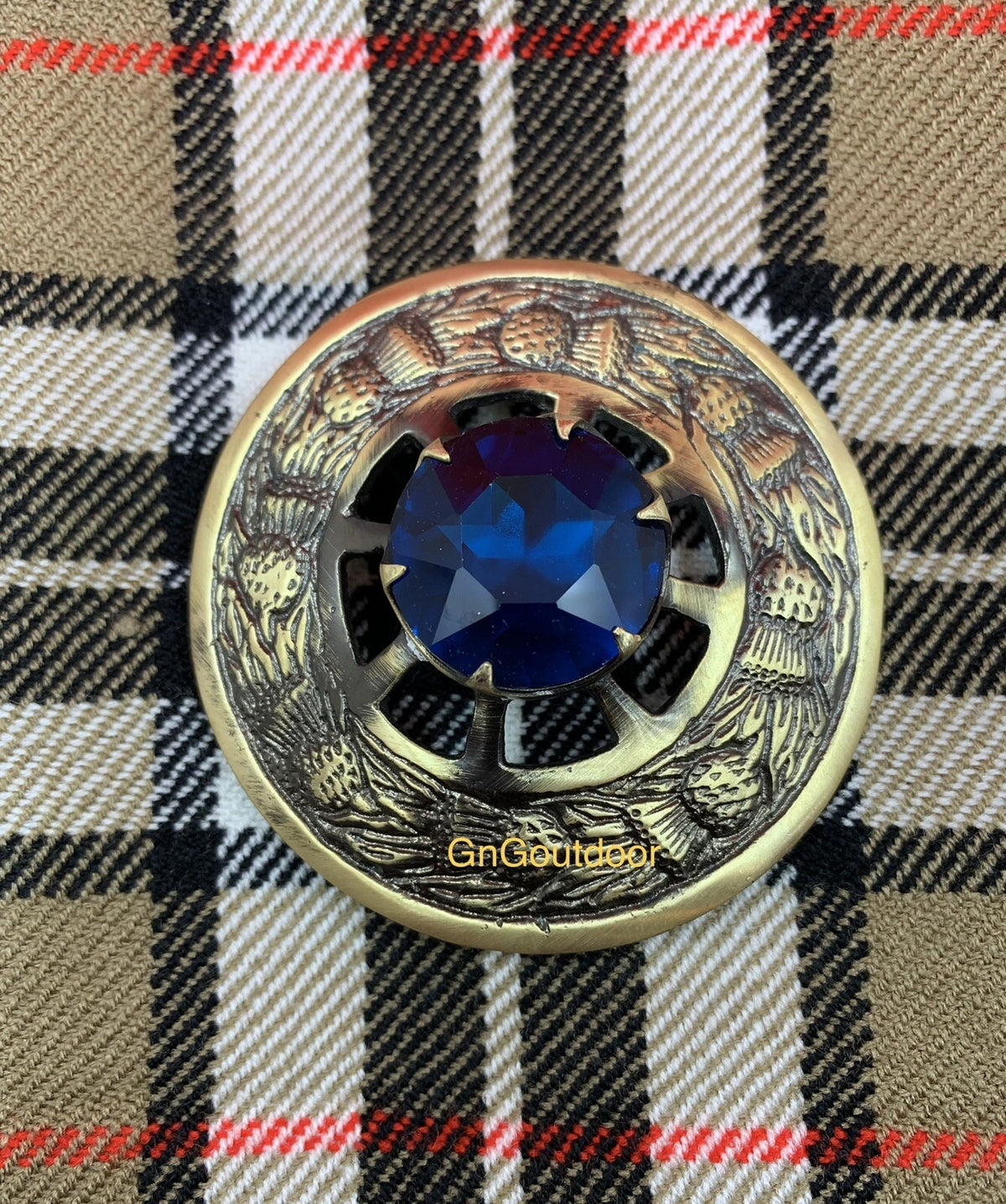Scottish Kilt Fly Plaid Brooch Thistle Design Blue Stone Highland Antique Kilt Brooch Pin