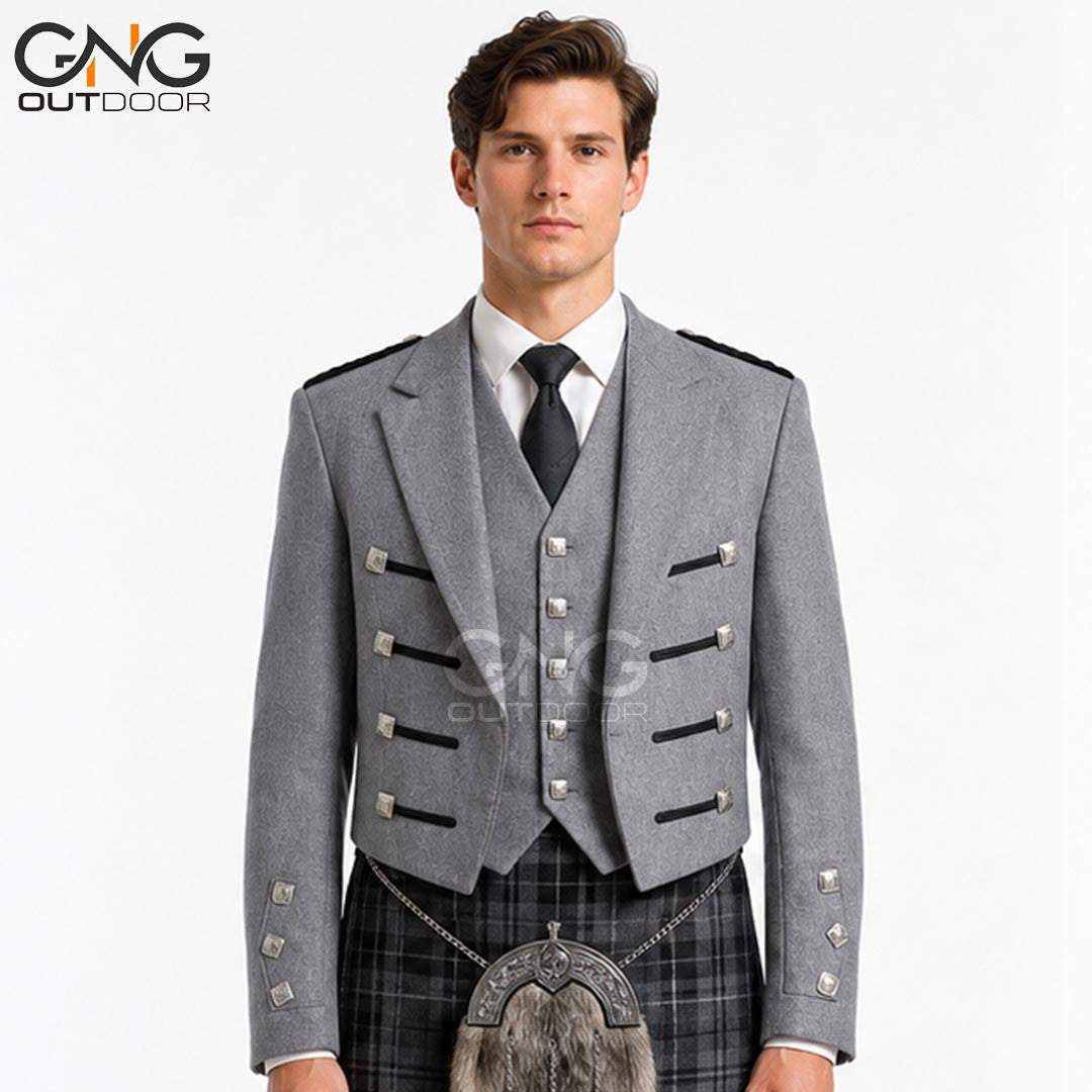 Men’s Grey Scottish Prince Charlie Jacket & Waistcoat Set  Formal Kilt Jacket