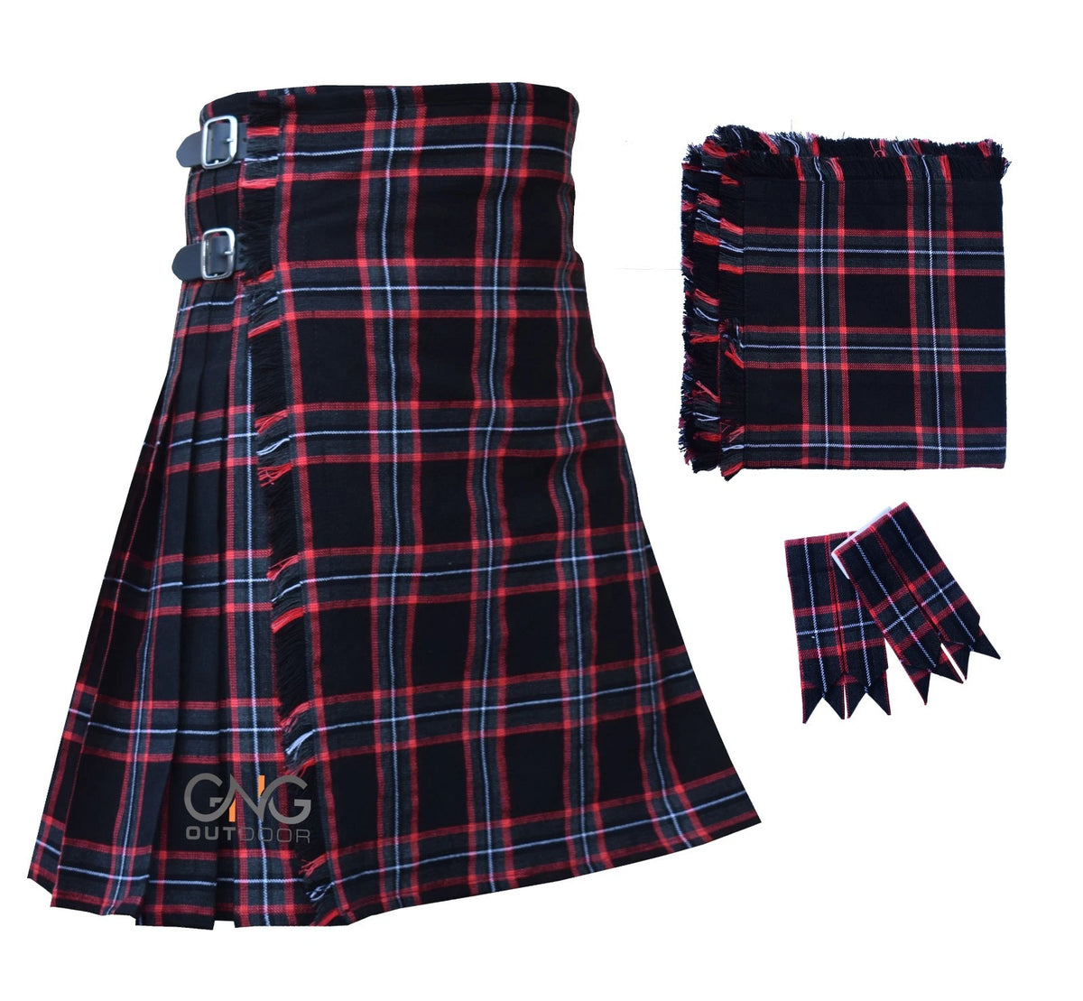 Men's 8-Yard Hamilton Grey Tartan Kilt  Men's 8-Yard Black Magic Tartan Kilt Set  With Fly Plaid & Flashes