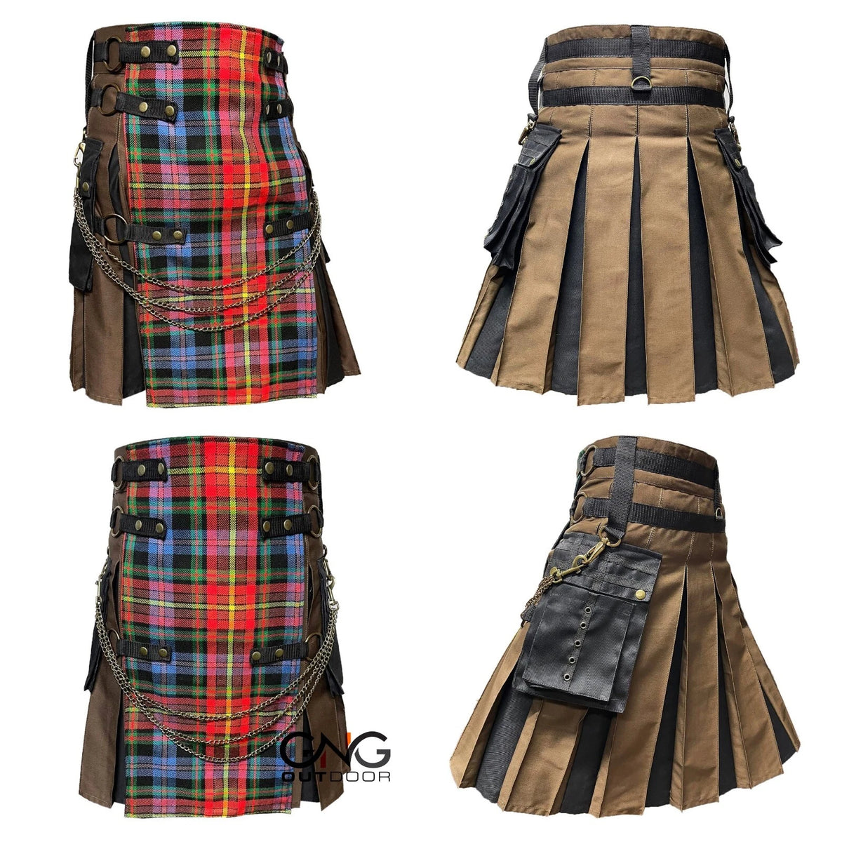 Men’s Scottish Multicolor Tartan Gothic Kilt with Chain Detail, Front Apron & Utility Pockets