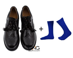 Scottish Men's Black Leather Ghillie Brogues Kilt Shoes with Royal Blue Socks