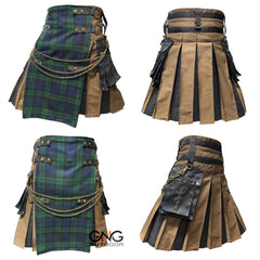 Men's Black Watch Tartan Gothic Utility Kilt Scottish Highland Front Apron Kilt, Sizes 28-62
