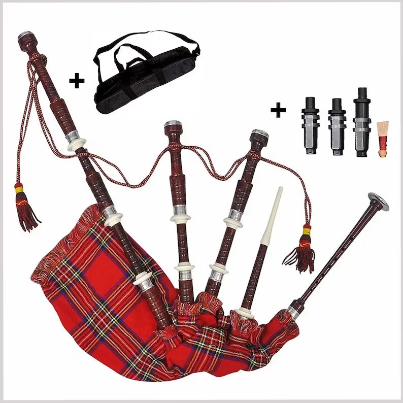 Scottish Highland Bagpipes Red Tartan Rosewood Color Full Nickel Silver Set with Carrying Bag