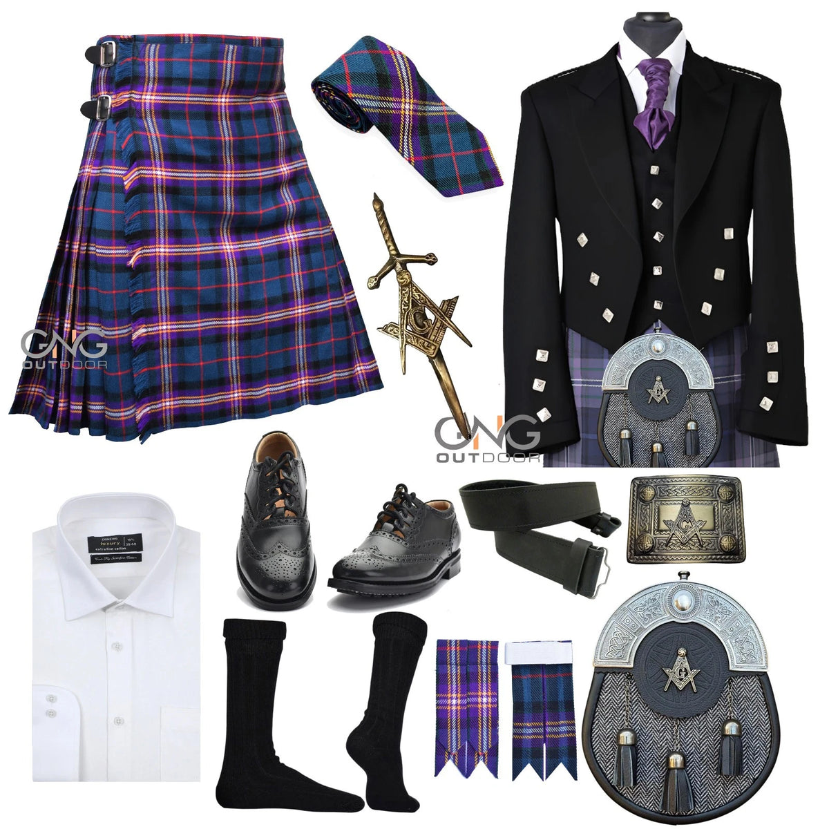 Men's Traditional 11-Piece Wedding Kilt Set | Prince Charlie Jacket, Masonic Sporran & Brogues