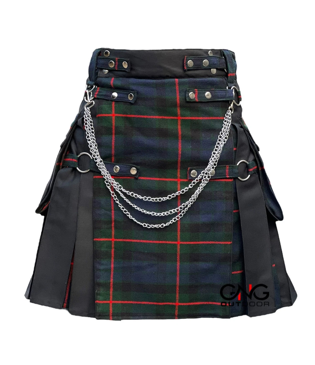 Men’s Scottish Gothic Tartan Kilt – Black & Green Hybrid Utility Kilt with Chains