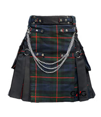 Men’s Scottish Gothic Tartan Kilt – Black & Green Hybrid Utility Kilt with Chains