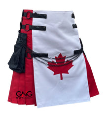 Men's Patriotic Canadian Flag Utility Kilt | Red & White Modern Fashion Chain Kilt