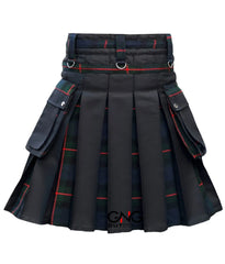 Men’s Scottish Gothic Tartan Kilt – Black & Green Hybrid Utility Kilt with Chains
