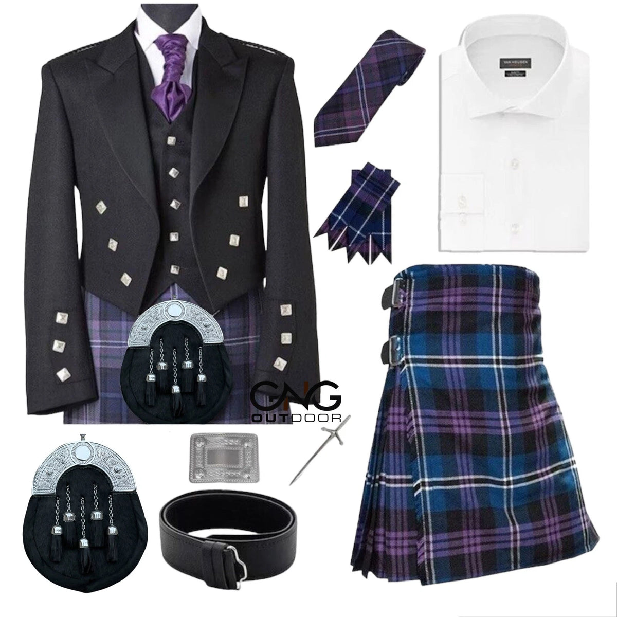Men's Complete Prince Charlie Kilt Outfit | Formal Wedding Set with Black Sporran