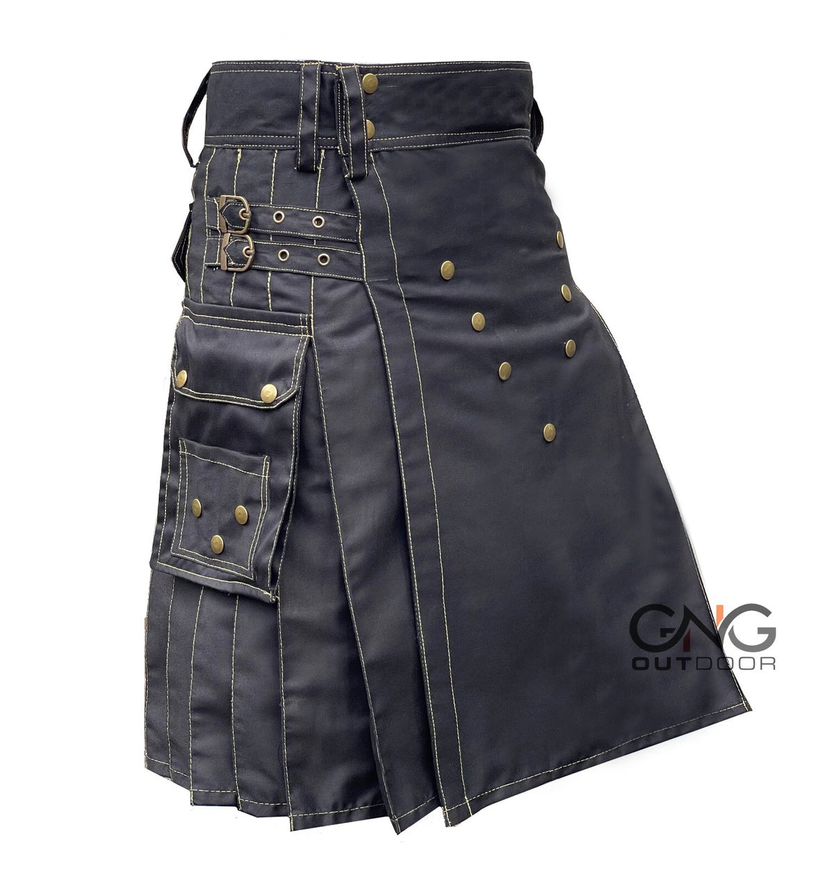 Men's Black Utility Kilt with Contrast Stitching & Studs  28" to 62"